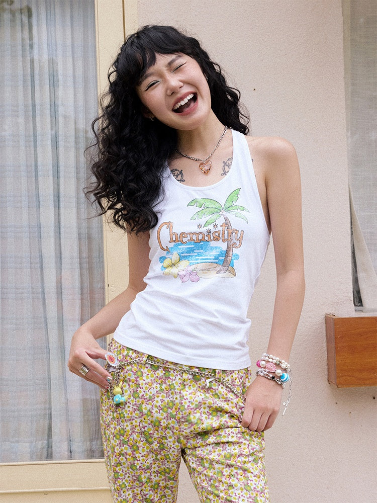 Back Bow summer Tropical Graphic Tank Top【s0000013408】