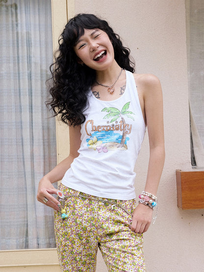 Back Bow summer Tropical Graphic Tank Top【s0000013408】