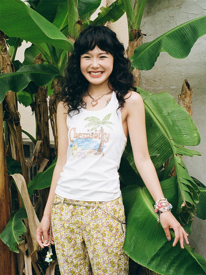 Back Bow summer Tropical Graphic Tank Top【s0000013408】