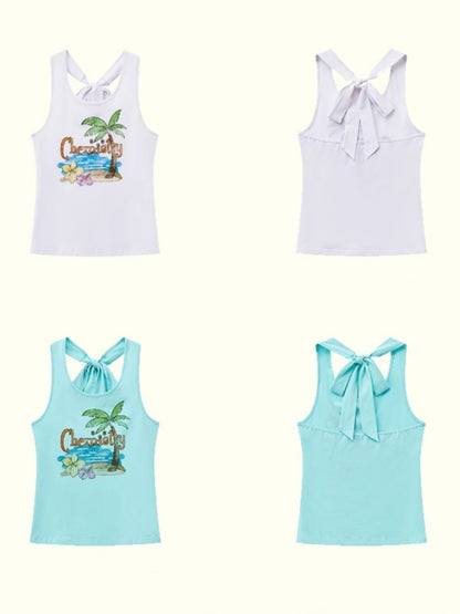 Back Bow summer Tropical Graphic Tank Top【s0000013408】