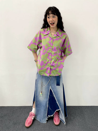 "Green Apple Paradise" Cartoon Printed Short Sleeve Shirt【s0000013410】