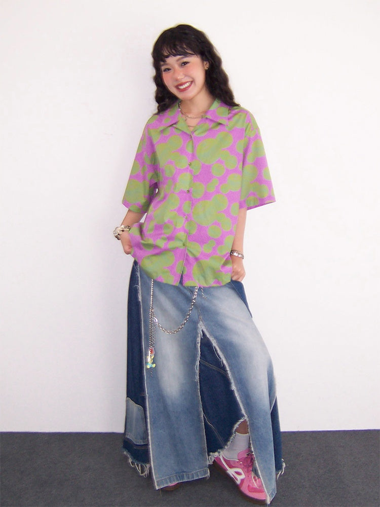 "Green Apple Paradise" Cartoon Printed Short Sleeve Shirt【s0000013410】