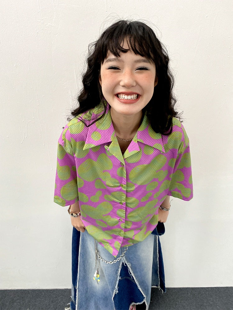 "Green Apple Paradise" Cartoon Printed Short Sleeve Shirt【s0000013410】