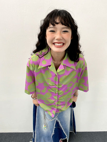"Green Apple Paradise" Cartoon Printed Short Sleeve Shirt【s0000013410】