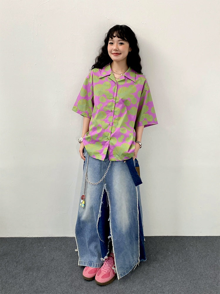 "Green Apple Paradise" Cartoon Printed Short Sleeve Shirt【s0000013410】