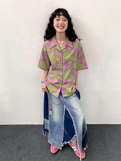 "Green Apple Paradise" Cartoon Printed Short Sleeve Shirt【s0000013410】