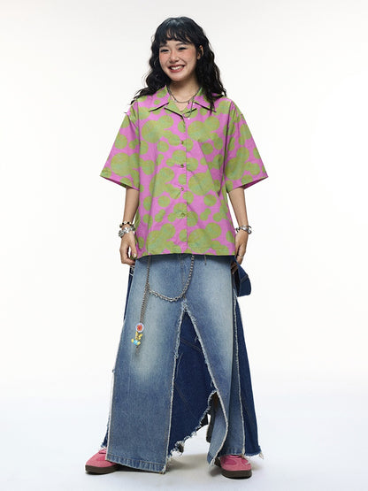 "Green Apple Paradise" Cartoon Printed Short Sleeve Shirt【s0000013410】