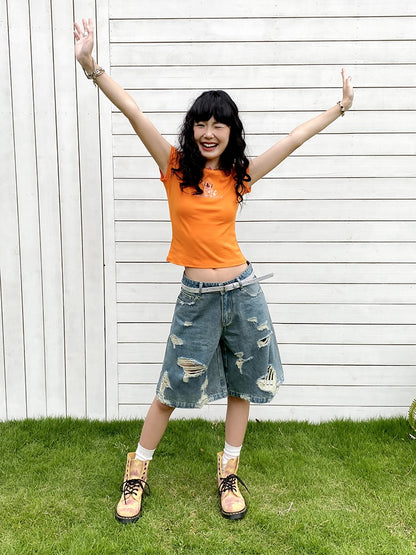 "Rock Puppy" Print Short Sleeve Crop T-Shirt【s0000013411】