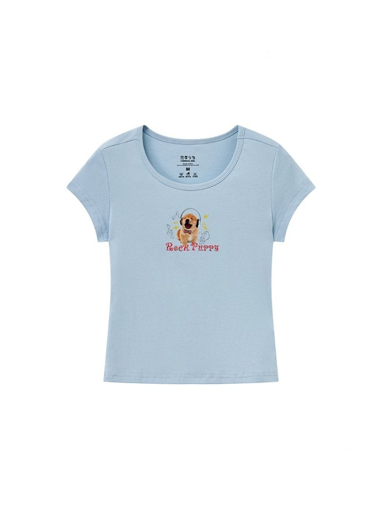 "Rock Puppy" Print Short Sleeve Crop T-Shirt【s0000013411】