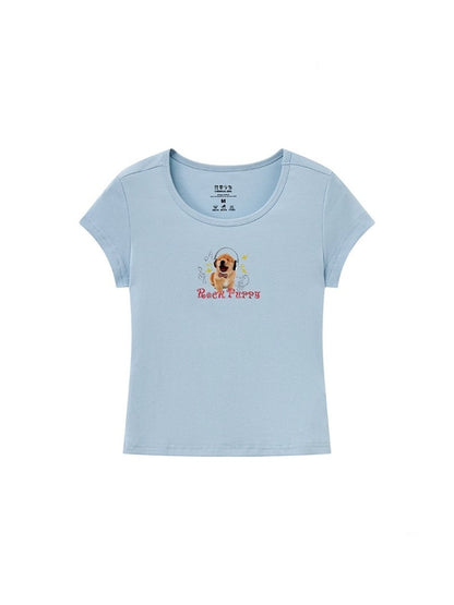 "Rock Puppy" Print Short Sleeve Crop T-Shirt【s0000013411】