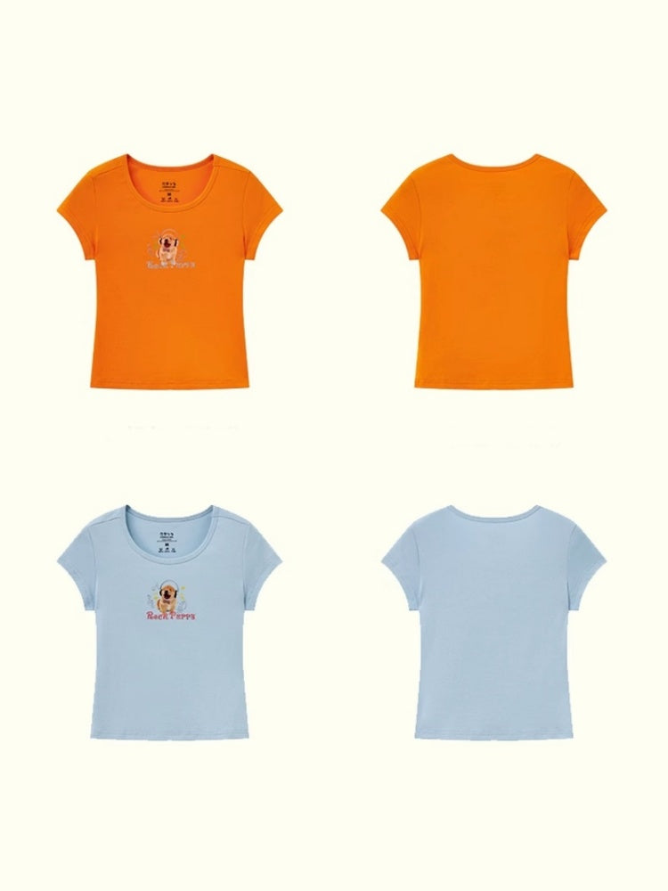"Rock Puppy" Print Short Sleeve Crop T-Shirt【s0000013411】