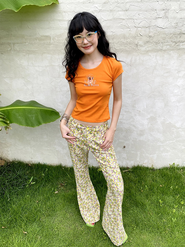 "Rock Puppy" Print Short Sleeve Crop T-Shirt【s0000013411】