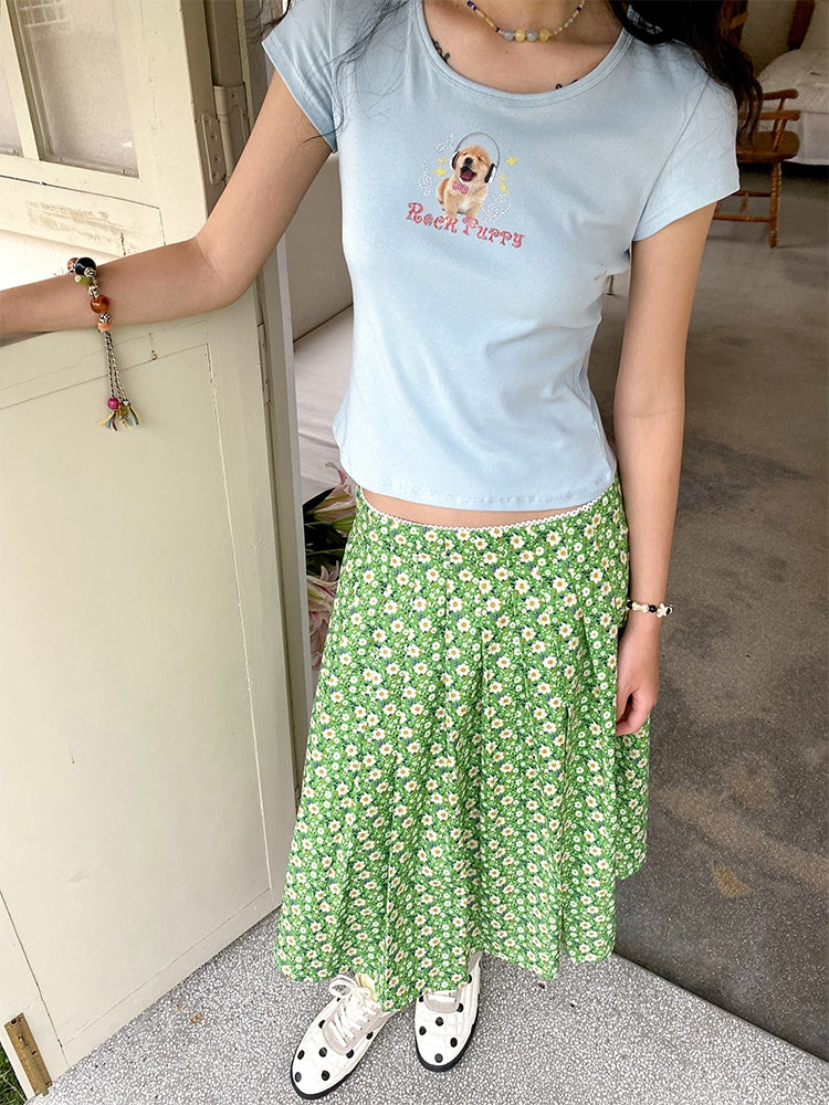 "Rock Puppy" Print Short Sleeve Crop T-Shirt【s0000013411】