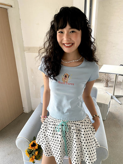 "Rock Puppy" Print Short Sleeve Crop T-Shirt【s0000013411】