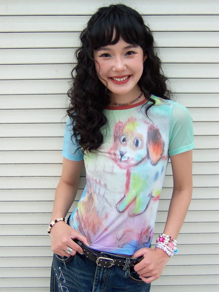 Graffiti Puppy Mesh Short Sleeve T-Shirt【s0000013415】
