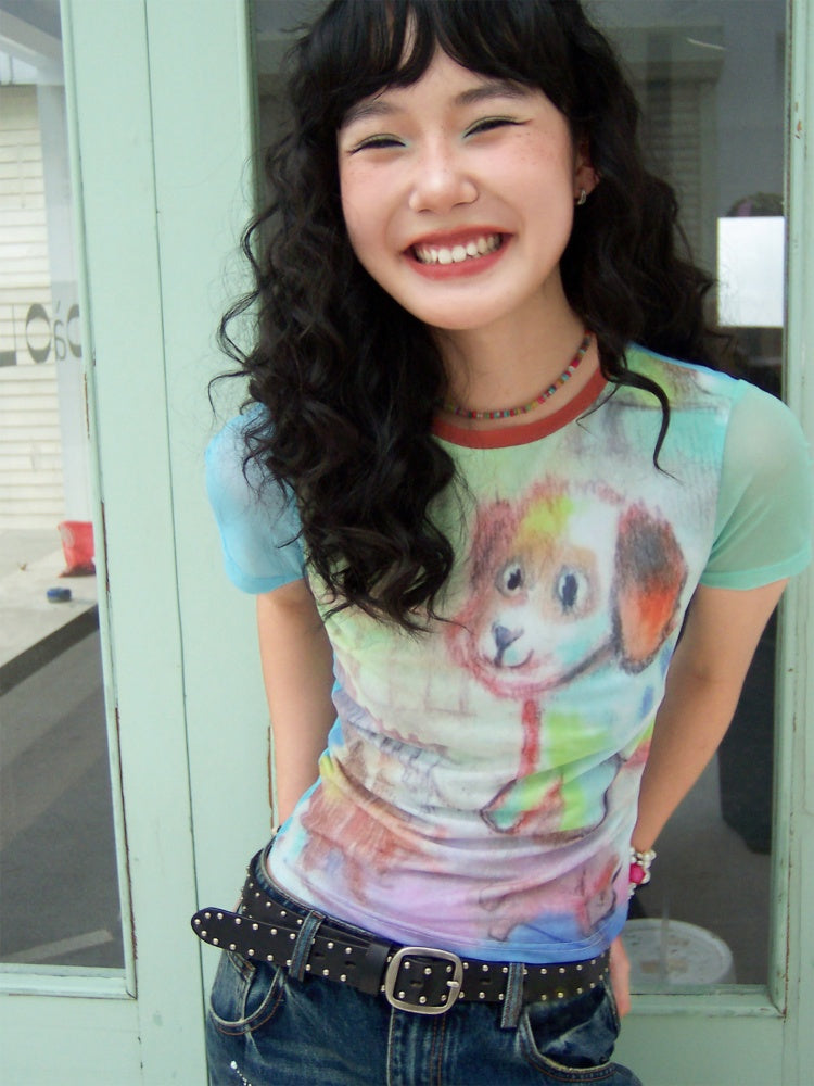 Graffiti Puppy Mesh Short Sleeve T-Shirt【s0000013415】