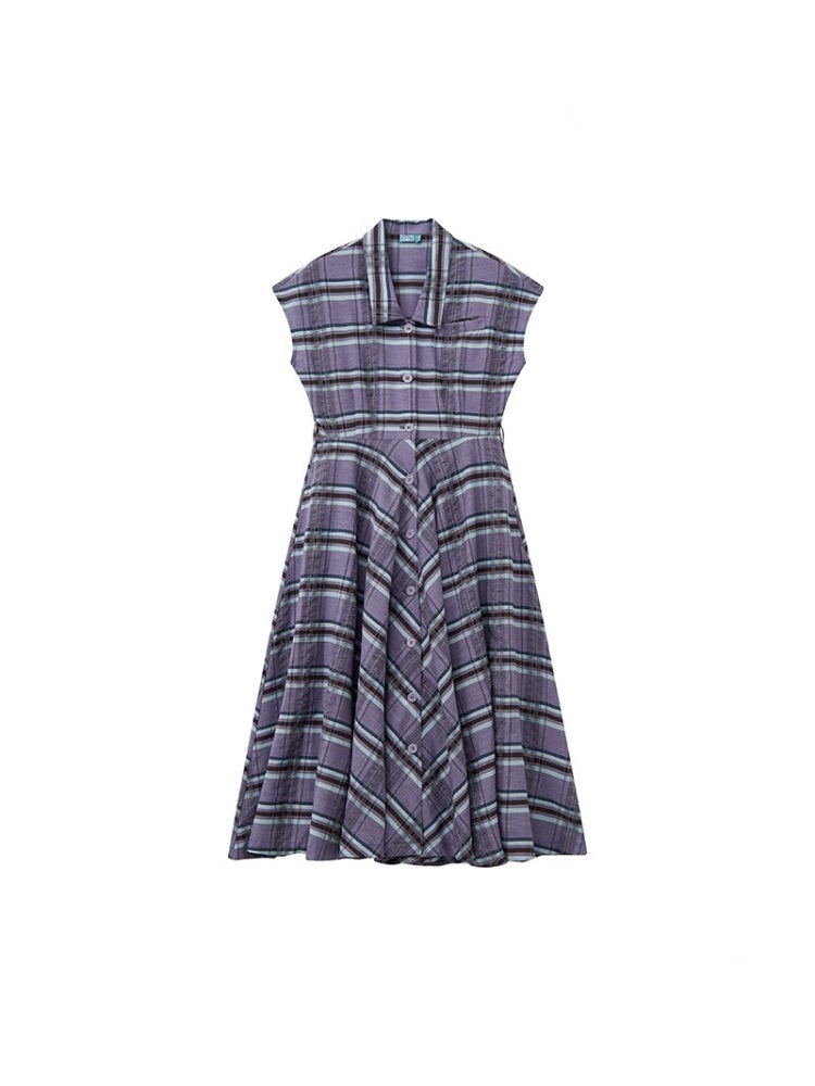 Waist Marked Plaid Sleeveless Shirt Dress【s0000013416】