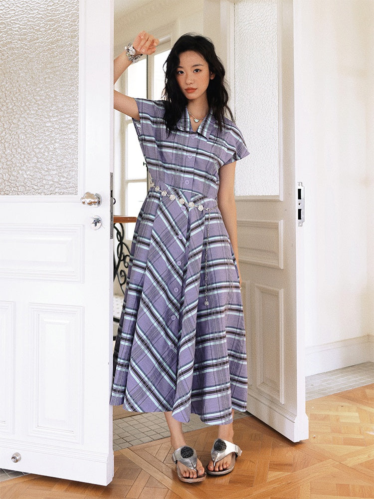 Waist Marked Plaid Sleeveless Shirt Dress【s0000013416】