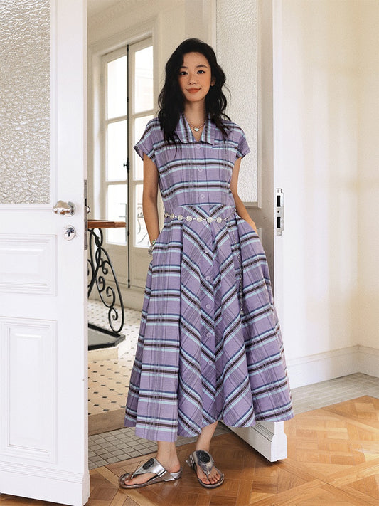 Waist Marked Plaid Sleeveless Shirt Dress【s0000013416】