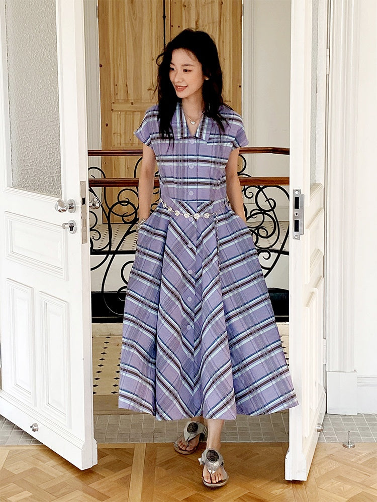 Waist Marked Plaid Sleeveless Shirt Dress【s0000013416】