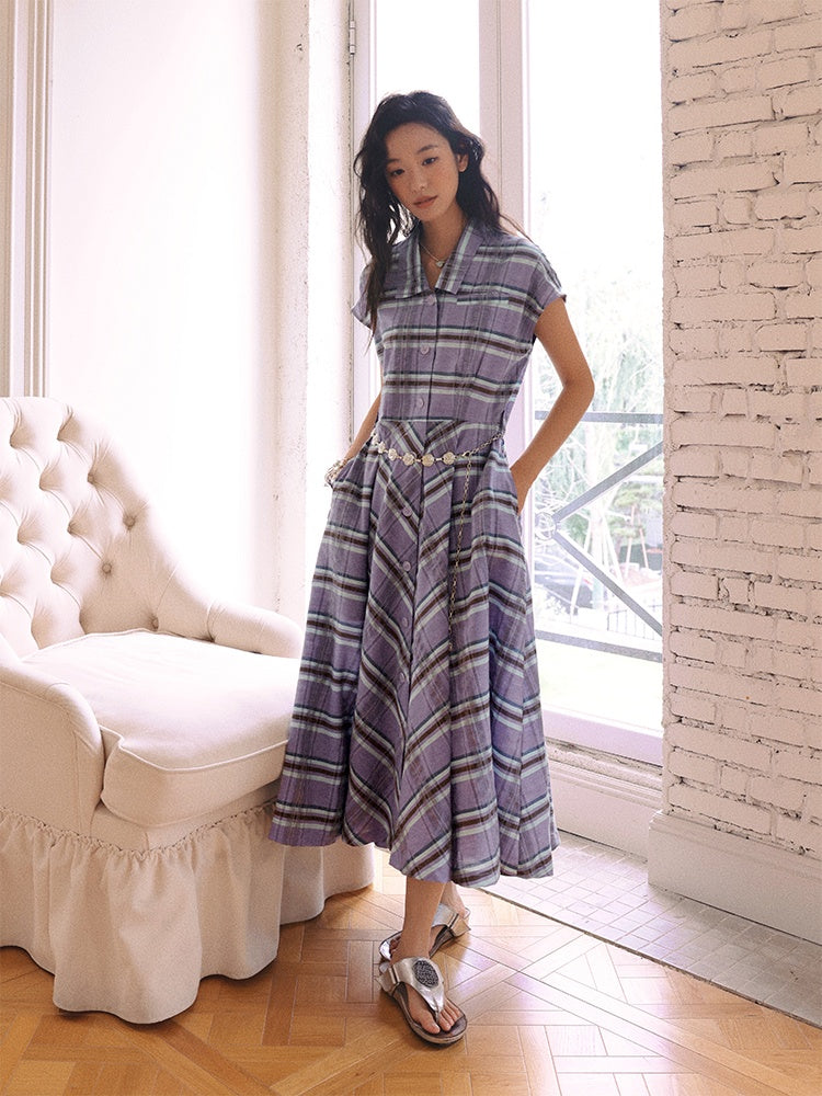 Waist Marked Plaid Sleeveless Shirt Dress【s0000013416】