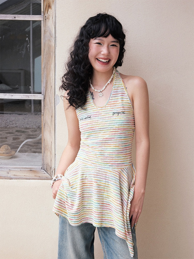 Multi-Border Halter Neck Hem Frill Sleeveless Dress【s0000013418】