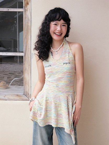 Multi-Border Halter Neck Hem Frill Sleeveless Dress【s0000013418】