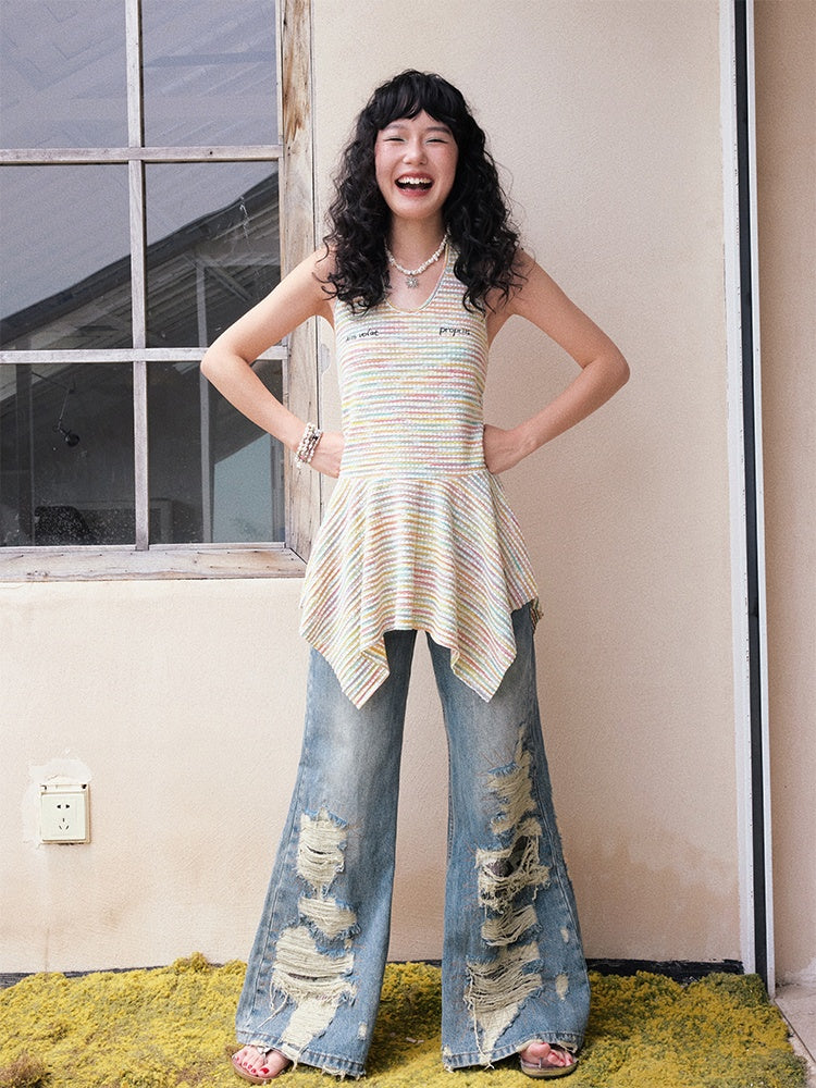 Multi-Border Halter Neck Hem Frill Sleeveless Dress【s0000013418】