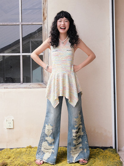 Multi-Border Halter Neck Hem Frill Sleeveless Dress【s0000013418】