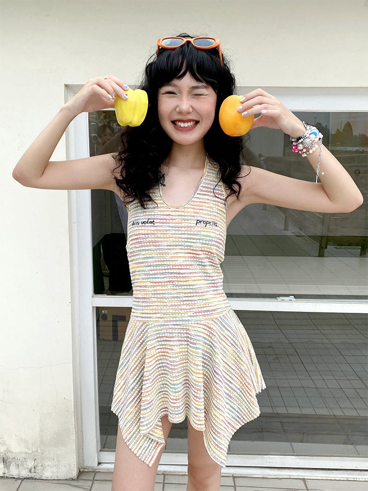 Multi-Border Halter Neck Hem Frill Sleeveless Dress【s0000013418】