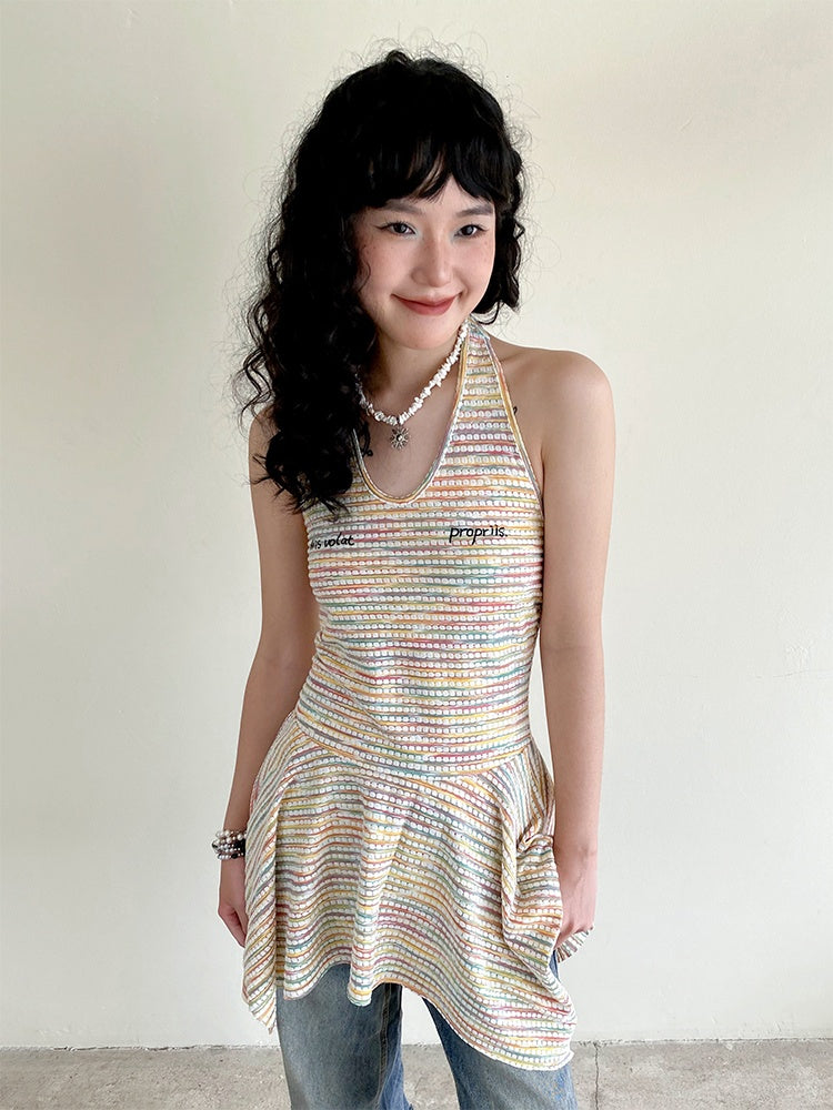 Multi-Border Halter Neck Hem Frill Sleeveless Dress【s0000013418】
