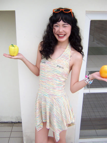 Multi-Border Halter Neck Hem Frill Sleeveless Dress【s0000013418】