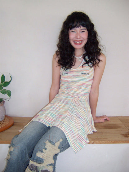 Multi-Border Halter Neck Hem Frill Sleeveless Dress【s0000013418】