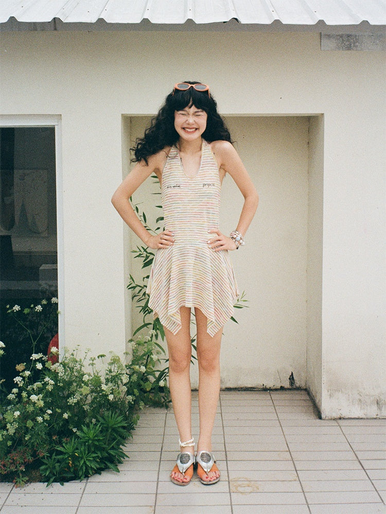 Multi-Border Halter Neck Hem Frill Sleeveless Dress【s0000013418】