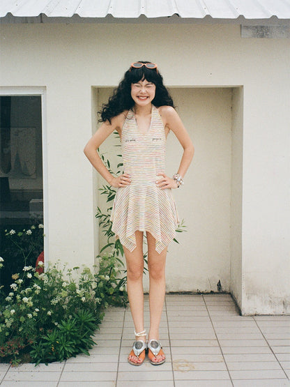 Multi-Border Halter Neck Hem Frill Sleeveless Dress【s0000013418】
