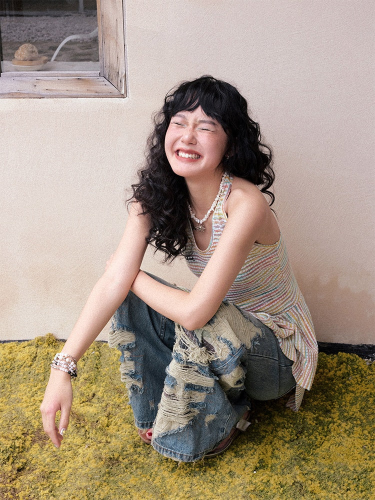 Multi-Border Halter Neck Hem Frill Sleeveless Dress【s0000013418】