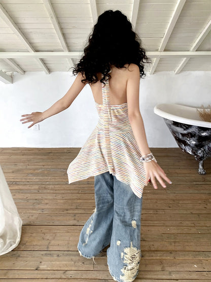 Multi-Border Halter Neck Hem Frill Sleeveless Dress【s0000013418】