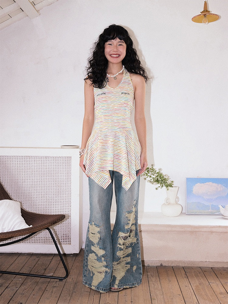 Multi-Border Halter Neck Hem Frill Sleeveless Dress【s0000013418】
