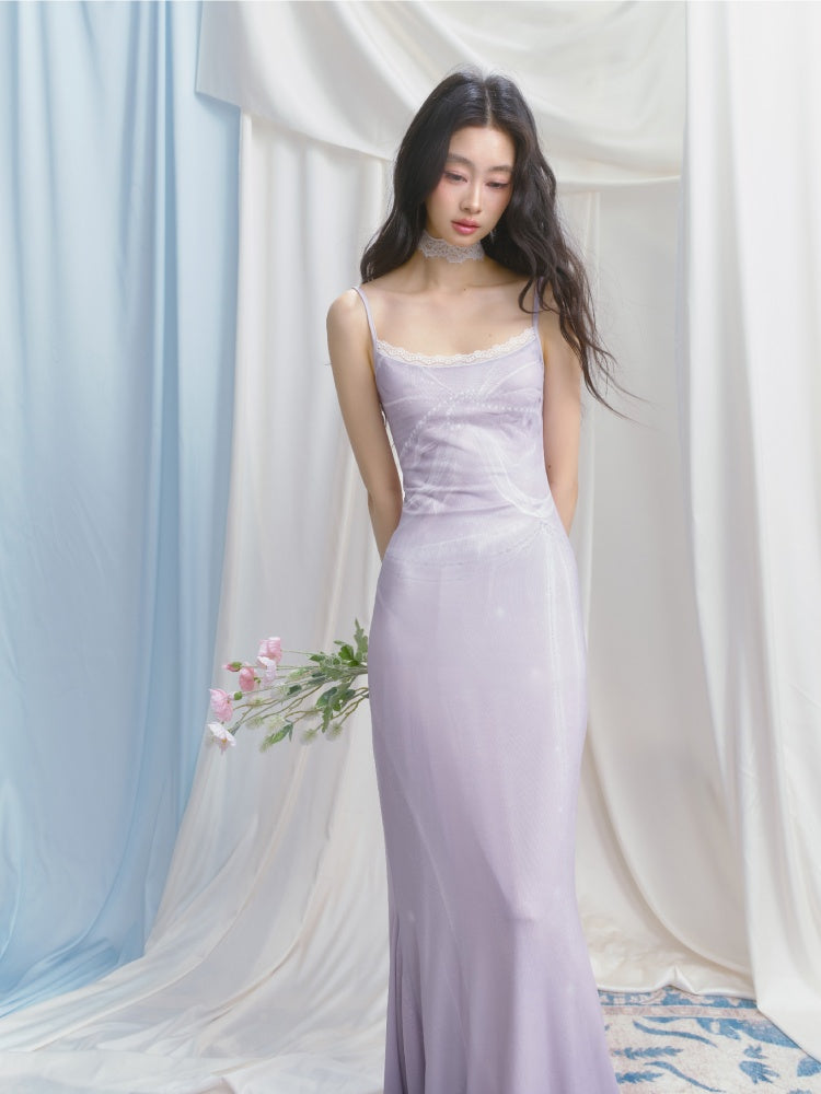 [Moonlight Glass] Original Lace Print Mermaid Stretch Waist Camisole Dress【s0000013532】