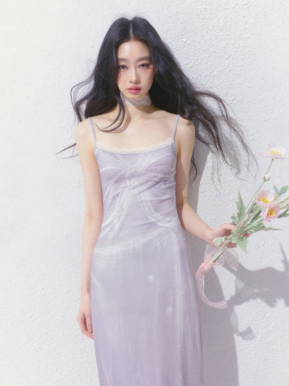 [Moonlight Glass] Original Lace Print Mermaid Stretch Waist Camisole Dress【s0000013532】