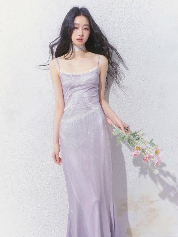 [Moonlight Glass] Original Lace Print Mermaid Stretch Waist Camisole Dress【s0000013532】