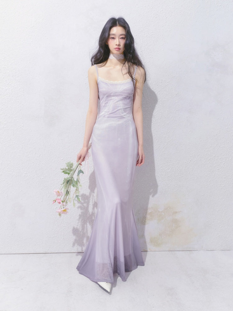 [Moonlight Glass] Original Lace Print Mermaid Stretch Waist Camisole Dress【s0000013532】