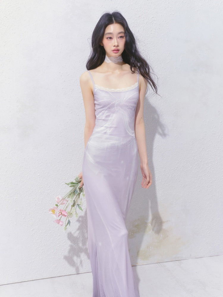 [Moonlight Glass] Original Lace Print Mermaid Stretch Waist Camisole Dress【s0000013532】