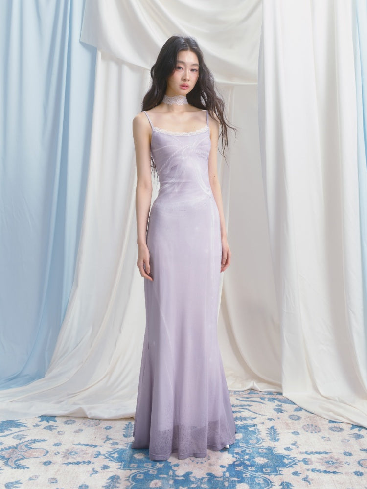 [Moonlight Glass] Original Lace Print Mermaid Stretch Waist Camisole Dress【s0000013532】