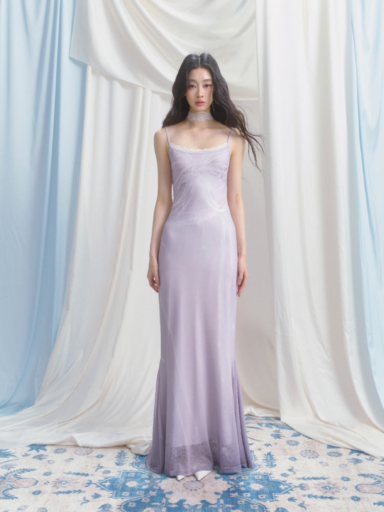 [Moonlight Glass] Original Lace Print Mermaid Stretch Waist Camisole Dress【s0000013532】