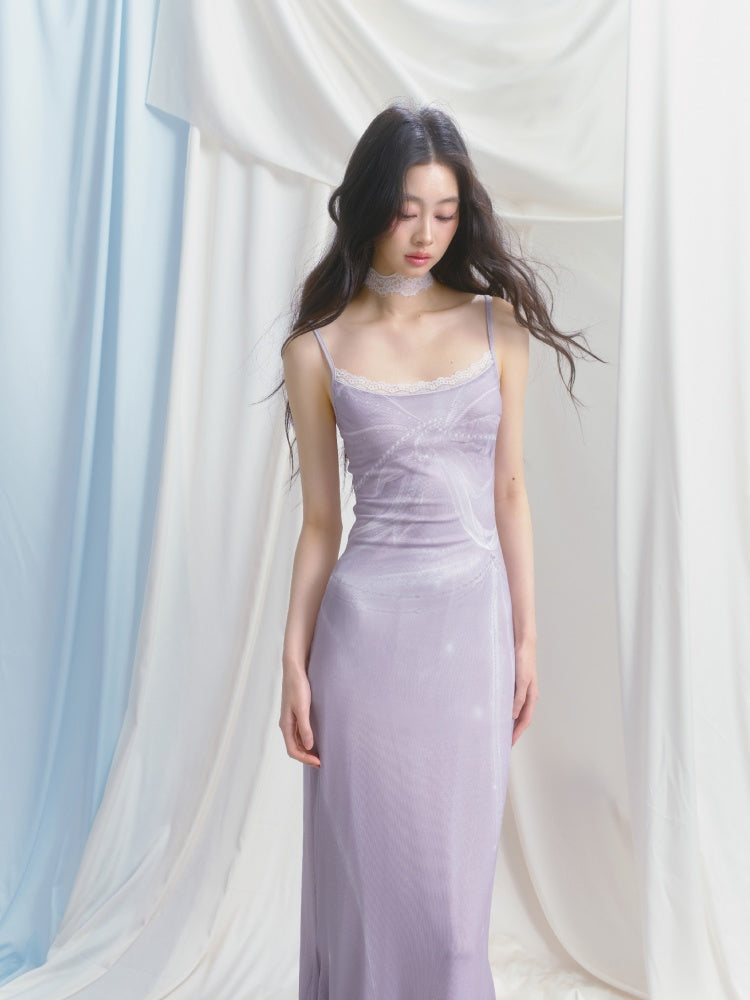 [Moonlight Glass] Original Lace Print Mermaid Stretch Waist Camisole Dress【s0000013532】