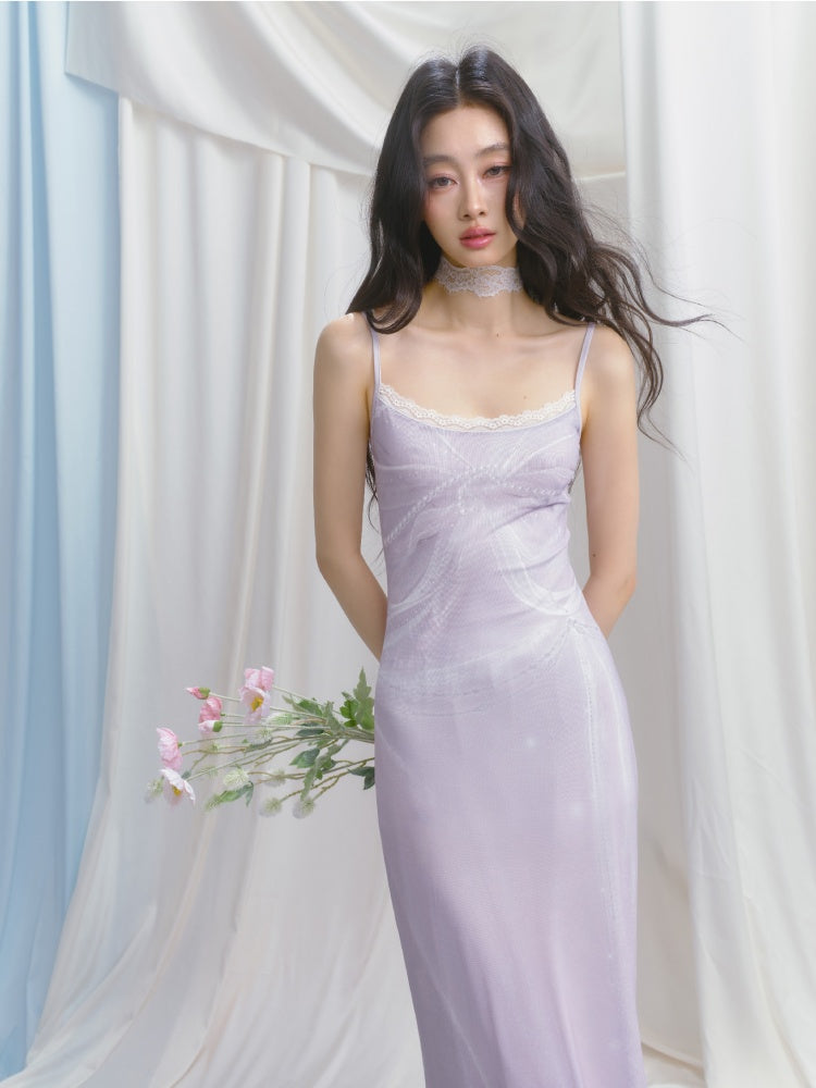 [Moonlight Glass] Original Lace Print Mermaid Stretch Waist Camisole Dress【s0000013532】