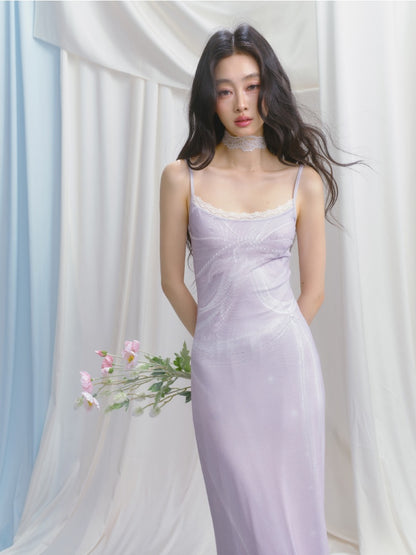 [Moonlight Glass] Original Lace Print Mermaid Stretch Waist Camisole Dress【s0000013532】