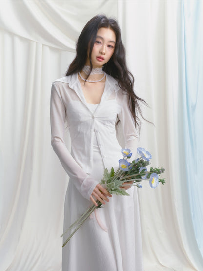 [Ivory Church] Original French Lace Ribbon Maxi A-Line Waist Dress & Shirt【s0000013534】