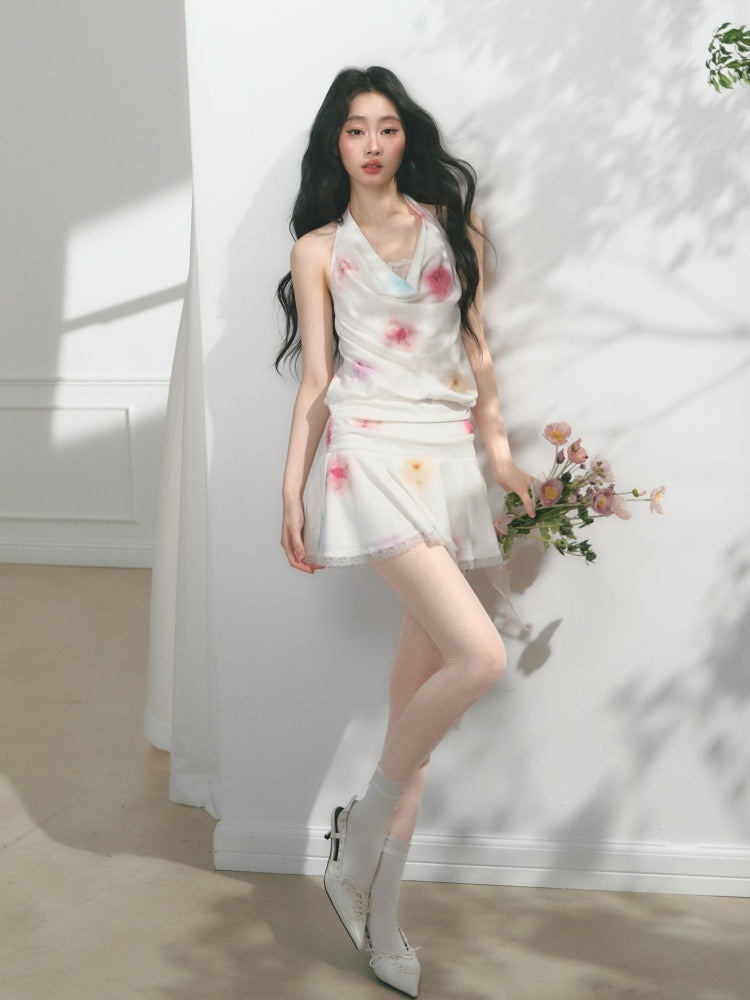 [Bali Holiday] Original Lace Swing Collar Texture Hollow Pleated Umbrella Skirt Dress & Skirt【s0000013536】